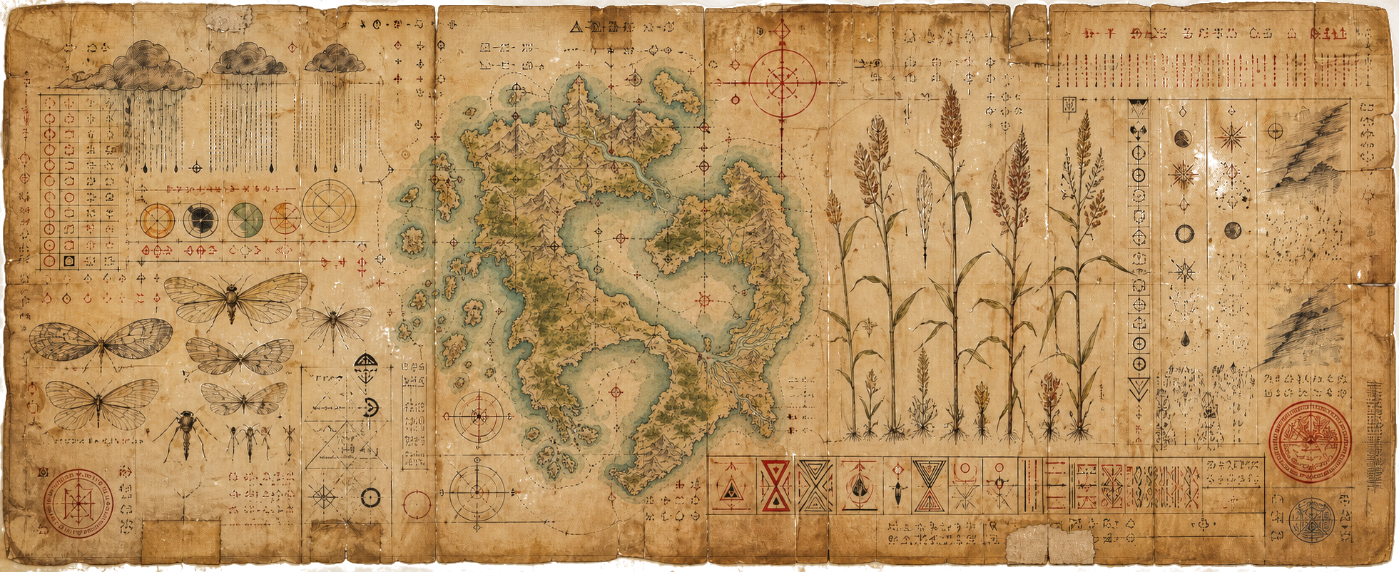 A hand-painted annal sheet showing an invented Abaz map, weather marks, crop studies, and gnat sketches
